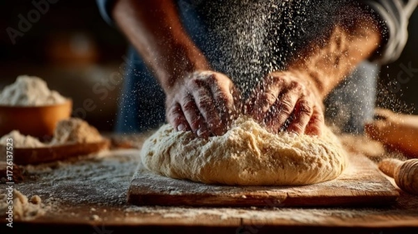 Obraz Hands Kneading Dough with Flour in a Rustic Kitchen on a Wooden Surface
