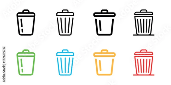 Fototapeta Illustration of trash bin icon set in various styles and colors on white background