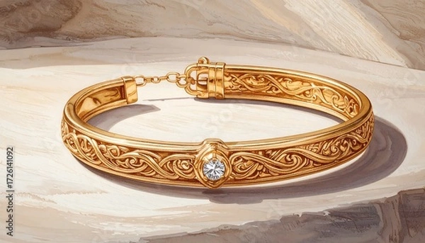 Obraz An ornate gold bracelet sits on a textured, light-colored stone surface