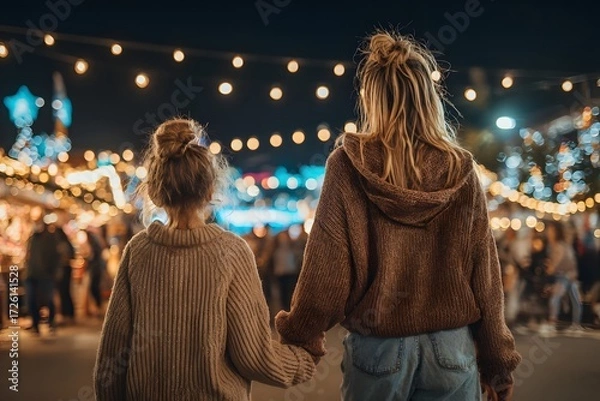 Fototapeta Evening Stroll at Festive Market with Mother and Daughter Under String Lights