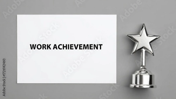 Fototapeta Work Achievement text on paper with star trophy on grey background