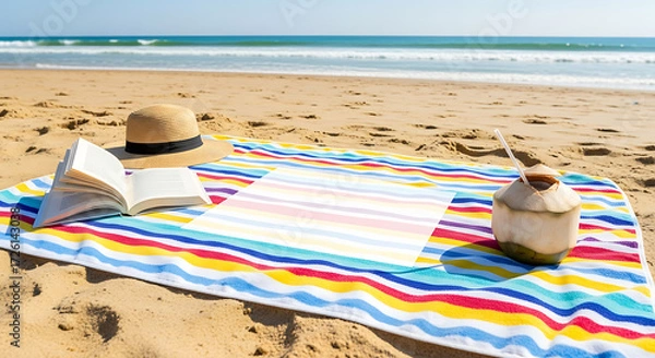 Fototapeta Beach towel spread on sand with straw hat, book, and coconut drink — empty space for text overlay