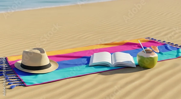 Fototapeta Beach towel spread on sand with straw hat, book, and coconut drink — empty space for text overlay
