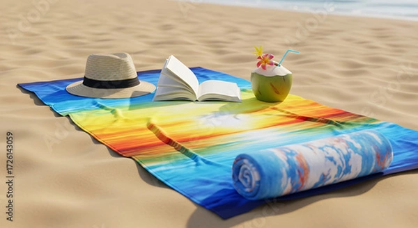 Fototapeta Beach towel spread on sand with straw hat, book, and coconut drink — empty space for text overlay