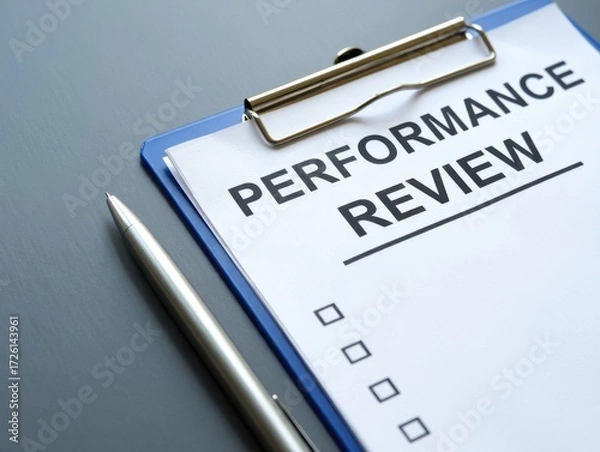 Fototapeta Performance Review document on a blue clipboard with a silver pen on a desk