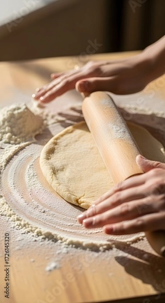 Fototapeta Close-up of hands rolling pastry dough on floured board, natural light from window.