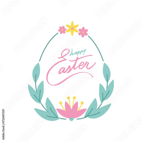 Obraz Happy Easter text inside festive bloom egg shape frame. Floral border with foliage blossom flower crown teal leaves, spring lettering. Holiday congrats handwriting script botanical greeting wordmark