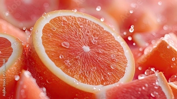 Fototapeta Macro Shot of Sliced Orange Grapefruit with Water Droplets Cinematic HDR Food Still Life Close Up Vibrant Colors Refreshing Summer Fruits