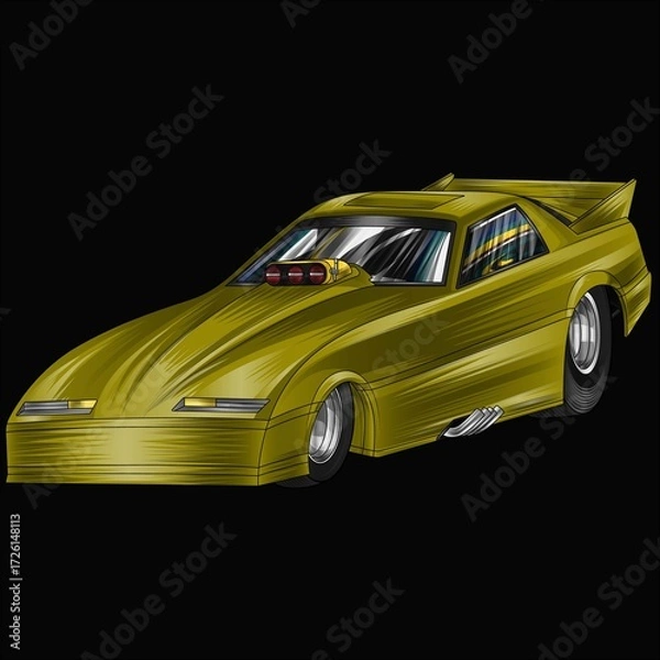 Fototapeta Drak yellow and painted racing car. Isolated in black background, for t-shirt design, print. and for business purposes.