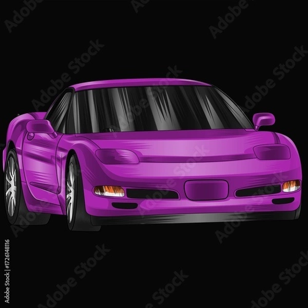 Fototapeta Purple and painted racing car. Isolated in black background, for t-shirt design, print. and for business purposes.