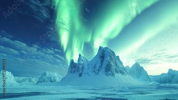 Fototapeta Bright aurora borealis arcs above Earth's surface, seen from low orbit with visible snow-covered terrain and faint stars in space beyond the horizon. Generative by AI