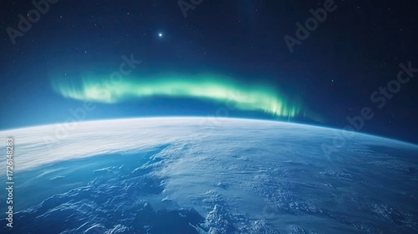 Fototapeta Bright aurora borealis arcs above Earth's surface, seen from low orbit with visible snow-covered terrain and faint stars in space beyond the horizon. Generative by AI