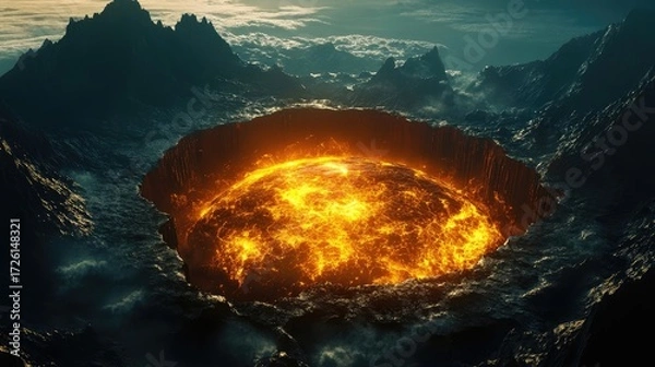 Fototapeta Giant sphere of molten lava glows intensely while embedded in cracked terrain, radiating heat and surrounded by smoke and clouds. Generative by AI