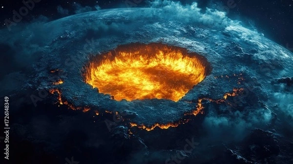 Fototapeta Giant sphere of molten lava glows intensely while embedded in cracked terrain, radiating heat and surrounded by smoke and clouds. Generative by AI