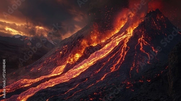 Fototapeta Volcanic eruption with thick smoke and fiery lava flowing down mountainside under dramatic sky, large plume of ash rising into air, glowing red rivers cutting through dark terrain. Generative by AI