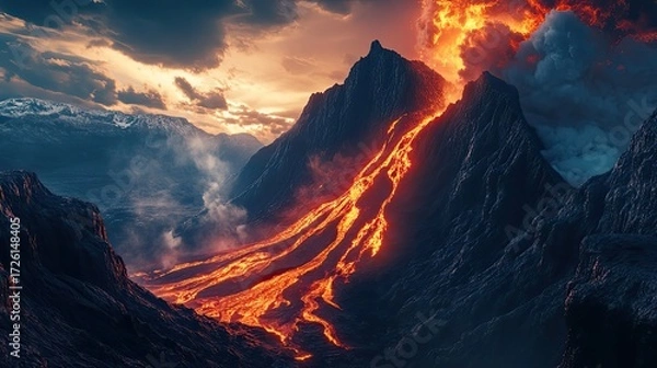 Fototapeta Volcanic eruption with thick smoke and fiery lava flowing down mountainside under dramatic sky, large plume of ash rising into air, glowing red rivers cutting through dark terrain. Generative by AI
