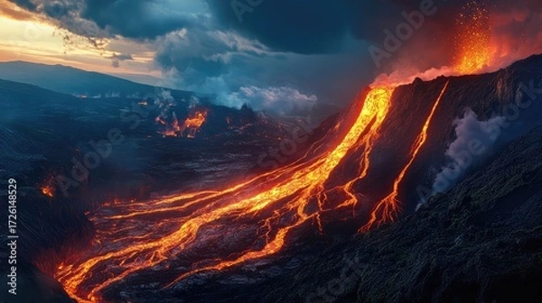 Fototapeta Volcanic eruption with thick smoke and fiery lava flowing down mountainside under dramatic sky, large plume of ash rising into air, glowing red rivers cutting through dark terrain. Generative by AI