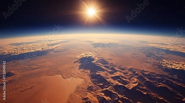Fototapeta Desert landscape illuminated by intense sunset with golden-red sand dunes, scattered rocky formations, and dramatic clouds glowing from low sun on horizon, casting long shadows. Generative by AI