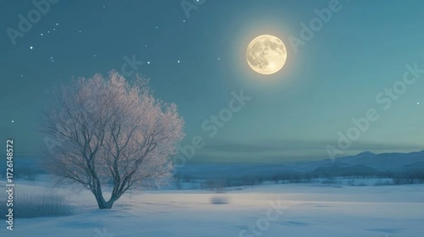 Fototapeta Snow-covered forest clearing at night under a full moon, with frost-covered trees and small bushes casting soft shadows on undisturbed snow, moonlight gently illuminating fog. Generative by AI