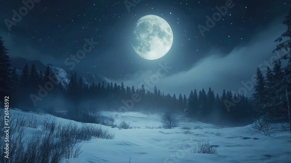 Fototapeta Snow-covered forest clearing at night under a full moon, with frost-covered trees and small bushes casting soft shadows on undisturbed snow, moonlight gently illuminating fog. Generative by AI