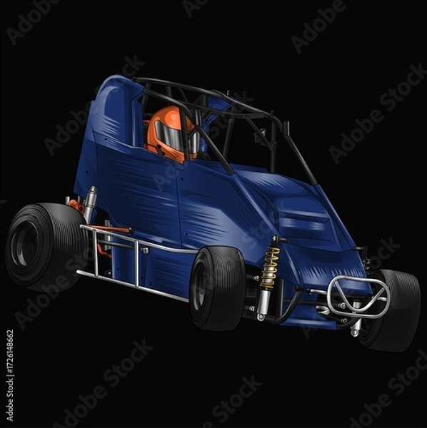 Fototapeta Drak blue and painted racing car. Isolated in black background, for t-shirt design, print. and for business purposes.
