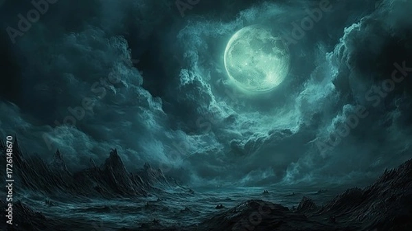 Fototapeta Full moon surrounded by thick dark clouds at night, opening in clouds reveals illuminated lunar surface with visible texture and contrast, creating a moody atmospheric scene. Generative by AI