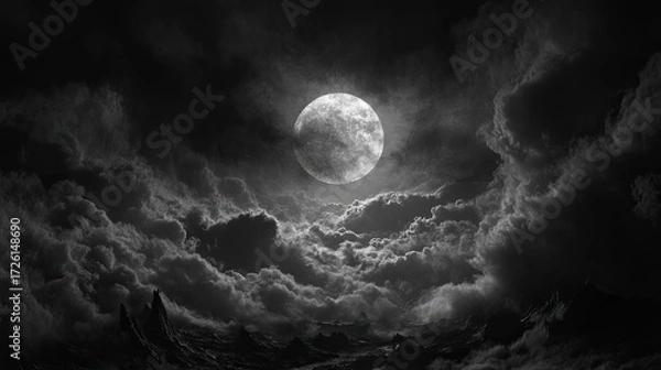 Fototapeta Full moon surrounded by thick dark clouds at night, opening in clouds reveals illuminated lunar surface with visible texture and contrast, creating a moody atmospheric scene. Generative by AI