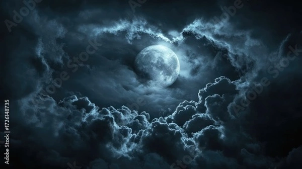 Fototapeta Full moon surrounded by thick dark clouds at night, opening in clouds reveals illuminated lunar surface with visible texture and contrast, creating a moody atmospheric scene. Generative by AI