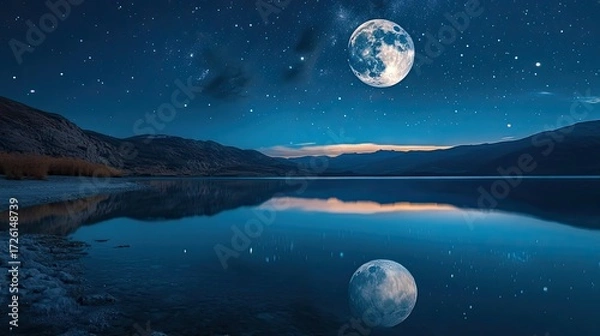 Fototapeta Full moon reflected clearly in still lake under star-filled night sky, surrounded by dark mountains and shoreline, stars scattered above horizon line with fading twilight glow. Generative by AI