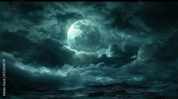 Fototapeta Full moon surrounded by thick dark clouds at night, opening in clouds reveals illuminated lunar surface with visible texture and contrast, creating a moody atmospheric scene. Generative by AI