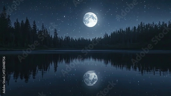 Fototapeta Full moon reflected clearly in still lake under star-filled night sky, surrounded by dark mountains and shoreline, stars scattered above horizon line with fading twilight glow. Generative by AI