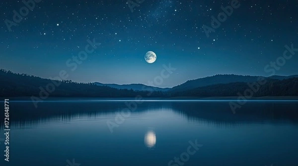 Fototapeta Full moon reflected clearly in still lake under star-filled night sky, surrounded by dark mountains and shoreline, stars scattered above horizon line with fading twilight glow. Generative by AI