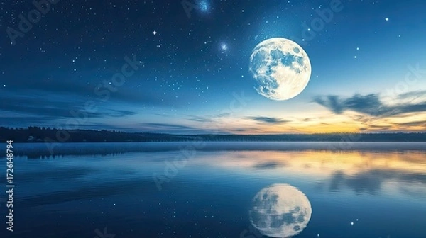 Fototapeta Full moon reflected clearly in still lake under star-filled night sky, surrounded by dark mountains and shoreline, stars scattered above horizon line with fading twilight glow. Generative by AI