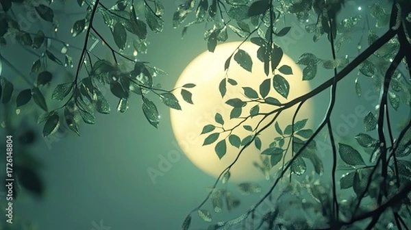 Fototapeta Close-up view of full moon seen through silhouetted tree branches with dry curled leaves, set against teal-toned night sky, creating layered depth and moody forest atmosphere. Generative by AI