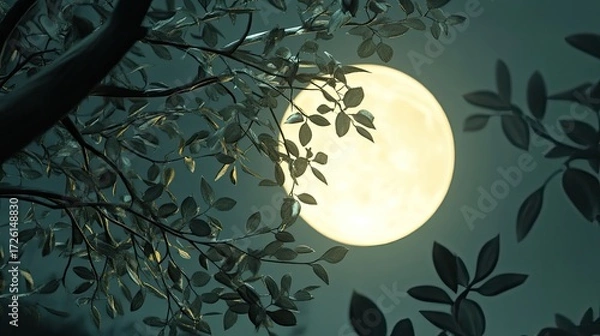 Fototapeta Close-up view of full moon seen through silhouetted tree branches with dry curled leaves, set against teal-toned night sky, creating layered depth and moody forest atmosphere. Generative by AI