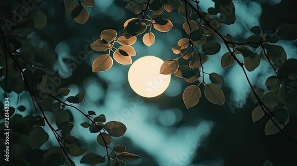Fototapeta Close-up view of full moon seen through silhouetted tree branches with dry curled leaves, set against teal-toned night sky, creating layered depth and moody forest atmosphere. Generative by AI