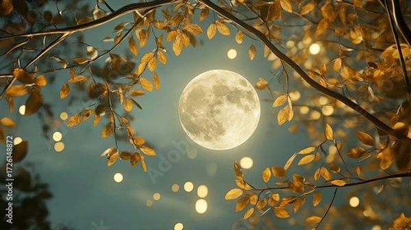 Fototapeta Close-up view of full moon seen through silhouetted tree branches with dry curled leaves, set against teal-toned night sky, creating layered depth and moody forest atmosphere. Generative by AI