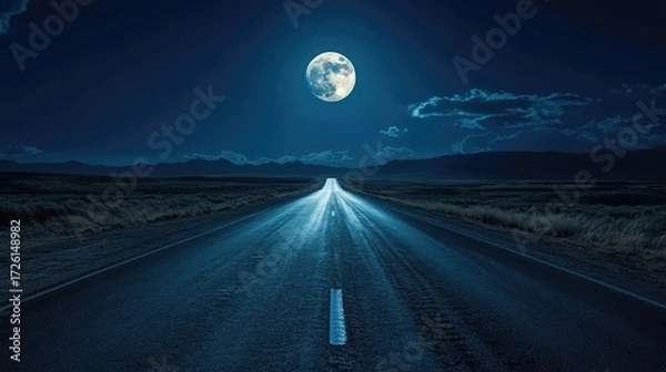 Fototapeta Straight empty desert road leads into distance beneath large full moon, flanked by dry shrubs and mountains, sky in deep twilight blue, suggesting solitude and remoteness. Generative by AI
