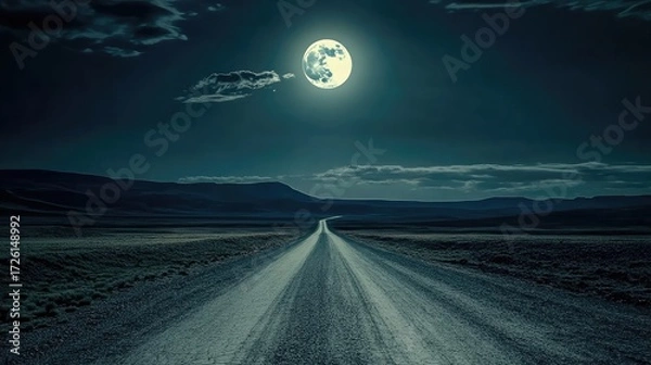 Fototapeta Straight empty desert road leads into distance beneath large full moon, flanked by dry shrubs and mountains, sky in deep twilight blue, suggesting solitude and remoteness. Generative by AI