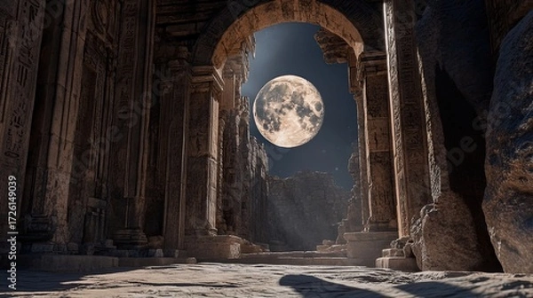 Fototapeta Full moon rises above ancient stone ruins with tall weathered columns casting long shadows on cracked stone pavement under dark, cloudy night sky. Generative by AI
