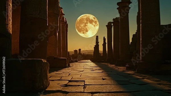 Fototapeta Full moon rises above ancient stone ruins with tall weathered columns casting long shadows on cracked stone pavement under dark, cloudy night sky. Generative by AI