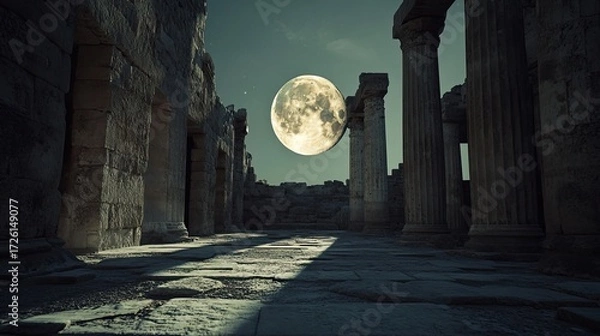 Fototapeta Full moon rises above ancient stone ruins with tall weathered columns casting long shadows on cracked stone pavement under dark, cloudy night sky. Generative by AI