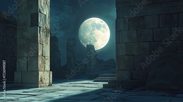 Fototapeta Full moon rises above ancient stone ruins with tall weathered columns casting long shadows on cracked stone pavement under dark, cloudy night sky. Generative by AI