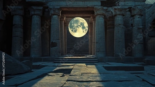 Fototapeta Full moon rises above ancient stone ruins with tall weathered columns casting long shadows on cracked stone pavement under dark, cloudy night sky. Generative by AI