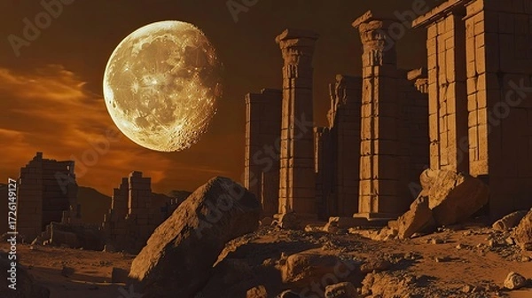Fototapeta Full moon rises above ancient stone ruins with tall weathered columns casting long shadows on cracked stone pavement under dark, cloudy night sky. Generative by AI