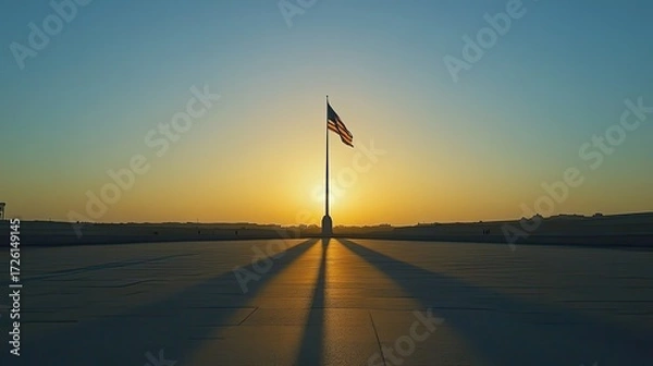 Fototapeta Flag waves in the wind at sunset on a wide open square with low skyline, glowing sunlight reflecting across empty tiled surface. Generative by AI
