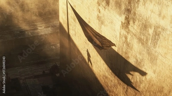 Fototapeta Flag waves in the wind at sunset on a wide open square with low skyline, glowing sunlight reflecting across empty tiled surface. Generative by AI