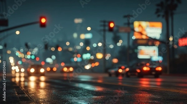 Obraz Nighttime city street with blurred lights, traffic signals, and reflections on wet road