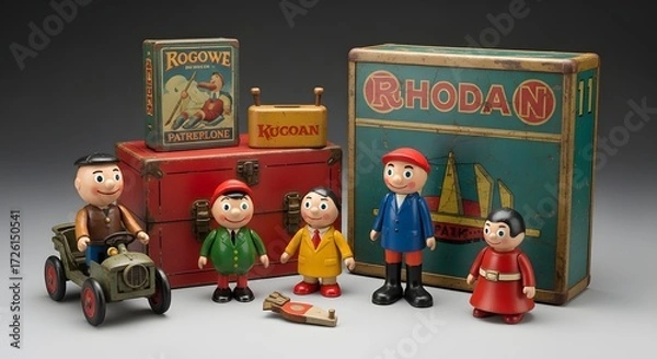 Fototapeta Vintage Toy Collectibles Display, Classic Figurines, Nostalgic Setting, Photo Showcase, Indoor Studio, Close-Up View, Childhood Memories