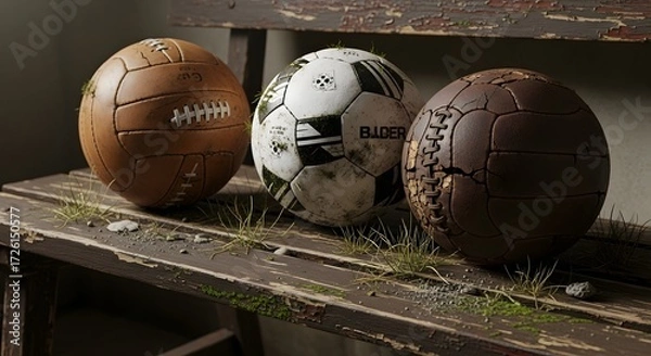 Fototapeta Sporting Action, Vintage Footballs, Abandoned Bench, Still Life, Indoor Environment, Close-Up View, Nostalgia and Heritage
